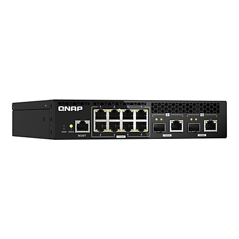 Schwarzer QNAP-Switch mit Netzwerkanschlüssen, Beschriftungen und Status-LEDs.