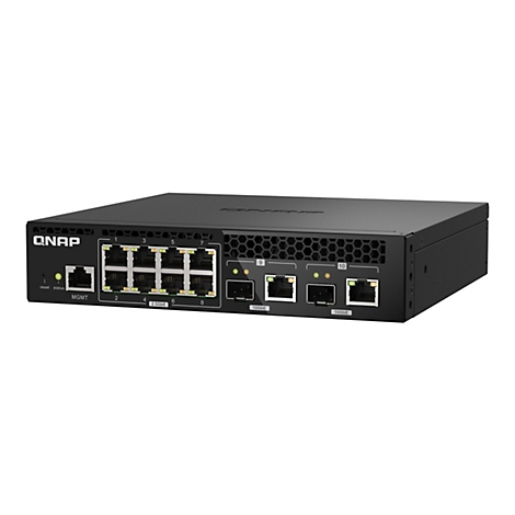Schwarzer Netzwerk-Switch mit Ports und Beschriftungen: QNAP, Reset, Status, MGMT, 2.5GbE, 10GbE.
