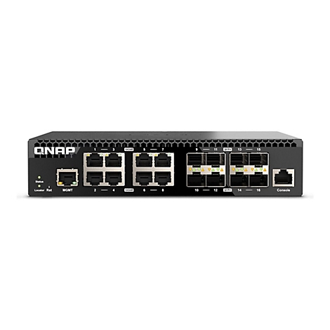 Commutateur réseau noir avec ports et étiquettes : QNAP, État, 10GbE, SFP+, MGMT, Console.