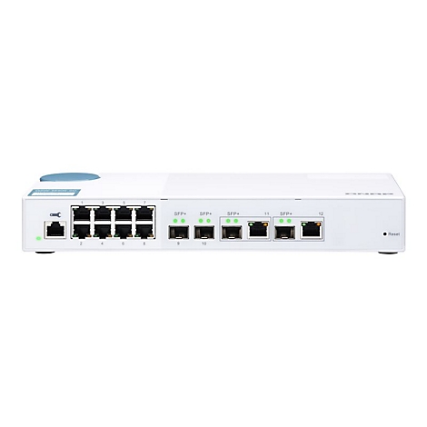 Ein weißer Netzwerk-Switch mit Ports und Kontrollleuchten, Blick auf die Frontplatte.