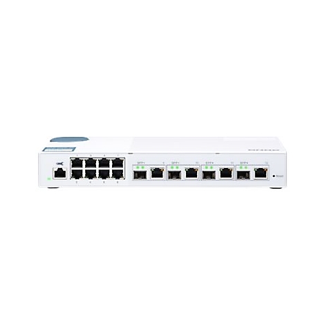 WeiÃŸer Switch mit mehreren AnschlÃ¼ssen und grÃ¼nen LEDs. Oben mittig ein blaues Element.
