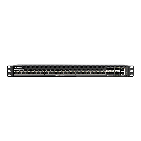 Schwarzer QNAP QSW-M7230-2X4F24T Netzwerk-Switch mit 24 Ports vor weißem Hintergrund.