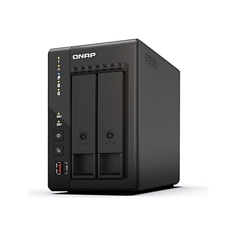 Schwarzes NAS-System mit zwei Festplatteneinschüben, dem Schriftzug QNAP und Kontrollleuchten.
