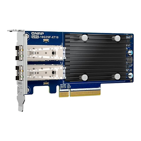 Netzwerkkarte QNAP QXG-10G2SF-X710, blau mit schwarzem Kühlkörper, zwei Anschlüssen und silberfarbenem Halter.