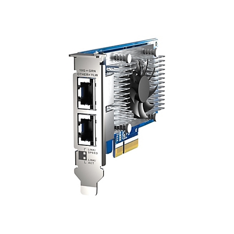 Une carte réseau avec deux ports, un dissipateur thermique et un ventilateur, sur fond blanc. Étiquetage : 10G = GRN, OTHER=YLW, Link/Speed, Link/Act.