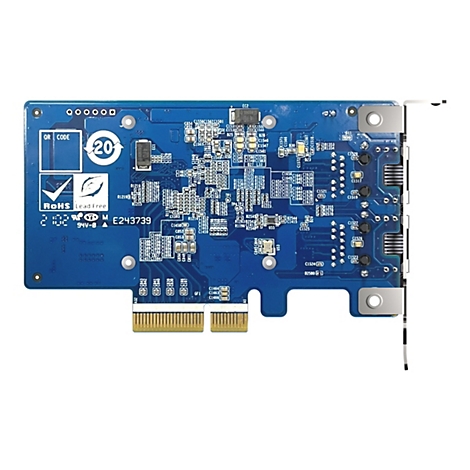 Blaue Leiterplatte mit zahlreichen elektronischen Bauteilen wie Widerständen und Kondensatoren. Aufgedruckt sind Logos und Texte wie "RoHS Lead Free" und eine Nummer. Der Rand hat einen Anschluss.