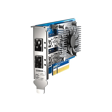 Netzwerkkarte mit zwei Ethernet-Anschlüssen, blauem PCB und Kühlkörper mit Lüfter vor weißem Hintergrund.