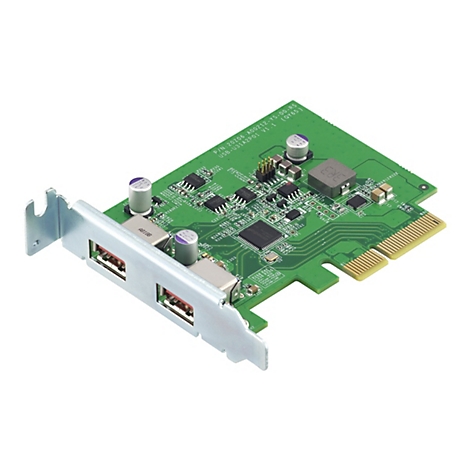 Eine grüne Platine mit elektronischen Bauteilen, zwei USB-Anschlüssen und einem Metallhalter.