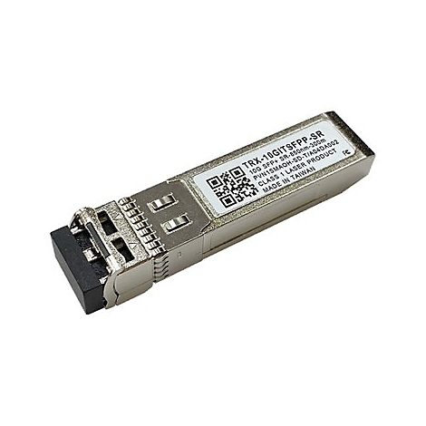 Ein silberner TRX-10GITSFPP-SR-Transceiver mit Etikett und QR-Code.