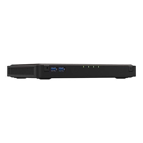 Routeur rÃ©seau noir au format paysage, ports USB, LED d'Ã©tat, sur fond blanc.