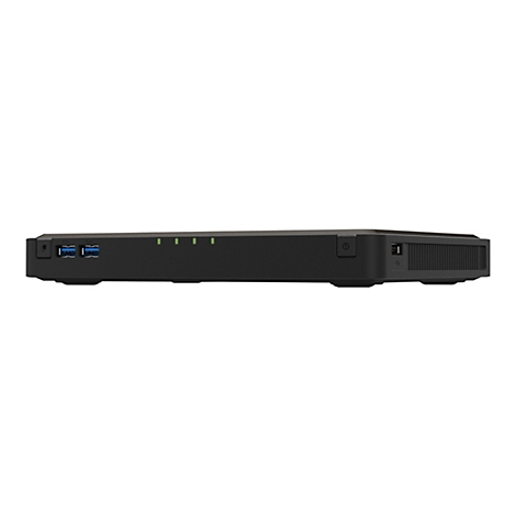 Un appareil Ã©lectronique noir avec des ports USB, des lumiÃ¨res et des fentes de ventilation, sur fond blanc.