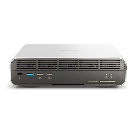 Silber-graues NAS-Gerät mit schwarzer Front und Logo, Thunderbolt NVMe SSD NAS-Schriftzug.