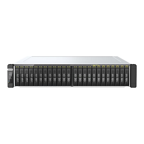 Ein Serversystem von QNAP. Gehäuse in Schwarz und Grau, mit vielen Einschüben für Festplatten. Gelbe Kontrollleuchten.