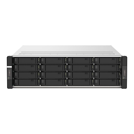Ein Server-Rack mit schwarzen Einschüben. Gehäuse in Grau und Weiß, Front mit Anzeigen.