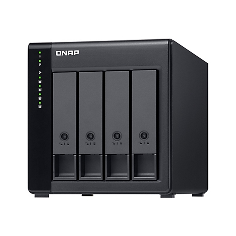Serveur NAS QNAP noir avec quatre baies, tÃ©moins lumineux et logo.