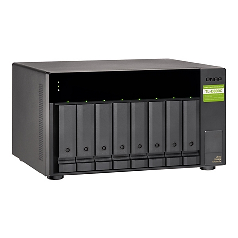 SystÃ¨me NAS QNAP TL-D800C noir. Huit baies de disques, voyants verts, logo.