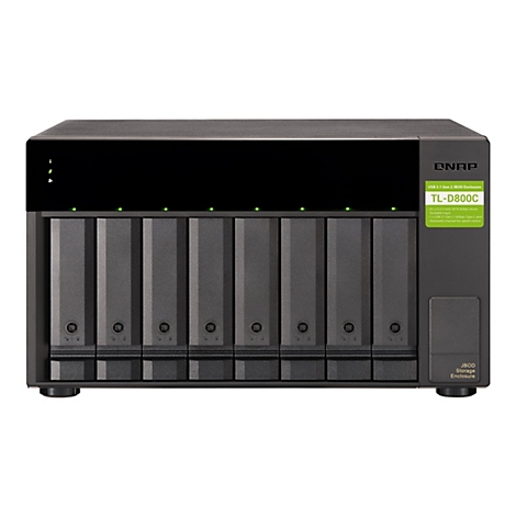 BoÃ®tier NAS QNAP noir avec huit baies, autocollant vert et voyants lumineux.