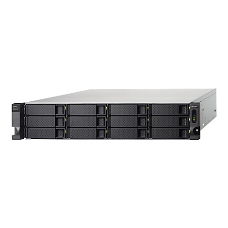 Ein grauer NAS-Server vor weißem Hintergrund. Das Gerät hat mehrere Einschübe für Festplatten.