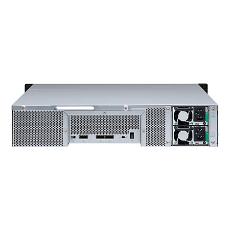RÃ¼ckansicht eines silberfarbenen Servers. Sichtbar sind LÃ¼fter, AnschlÃ¼sse und StromanschlÃ¼sse. Ein Griff ist oben befestigt.