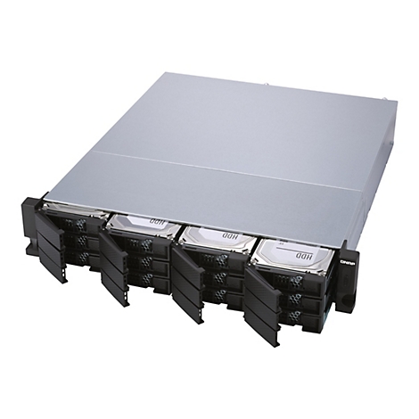Ein offenes Server-GehÃ¤use mit Festplatten. Schwarze GehÃ¤use sind in der Front angebracht.