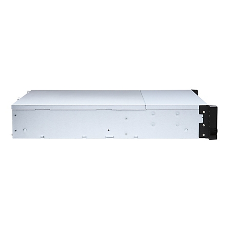 Rechteckiges, silbernes Server-Rack mit schwarzem Rahmen, Seitenansicht.