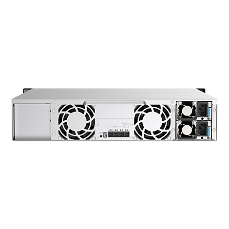 RÃ¼ckansicht eines silberfarbenen Servers mit LÃ¼ftern und AnschlÃ¼ssen.