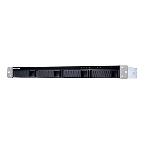 Serveur noir sur fond blanc. Marque QNAP en haut, quatre baies de disques en dessous et voyants.