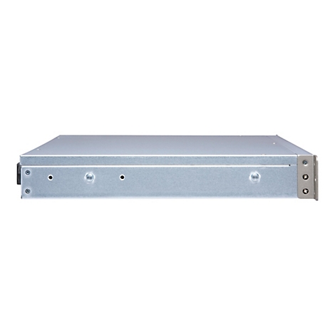 Graues MetallgehÃ¤use eines Servers, seitliche Ansicht auf weiÃŸem Hintergrund. Mit LÃ¶chern und Schrauben.