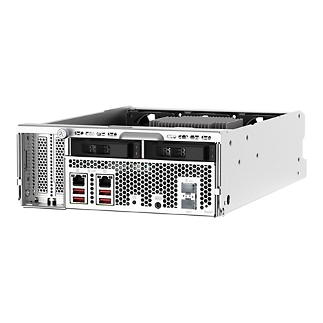 Ein silberner Server-Gehäuse-Ausschnitt mit Lüftungsschlitzen, Anschlüssen und zwei schwarzen Festplatteneinschüben.