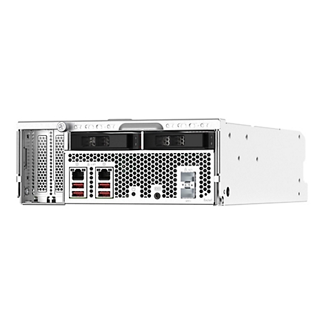 Hellgraues Server-Rack mit Steckplätzen, Anschlüssen und Lüftern, auf weißem Grund. Die Rückseite zeigt verschiedene Anschlüsse, einschließlich Ethernet und SFP+.
