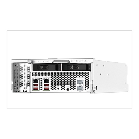 Nahaufnahme der Rückseite eines Servers mit Lüftern, Anschlüssen und Perforationen. Die Oberfläche ist silbergrau und metallisch.