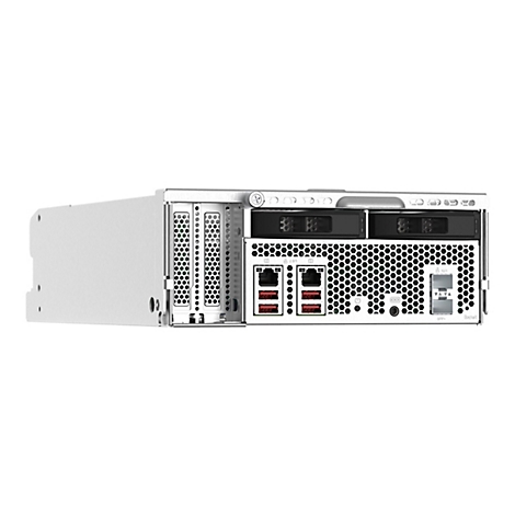 Ein Server-Rack von hinten gesehen. Er ist in hellem Grau gehalten und weist zahlreiche Lüftungsschlitze, Anschlüsse und den Schriftzug Reset auf.