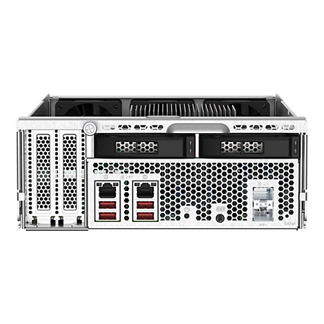 Rückansicht eines Server-Gehäuses. Silberne Metalloberfläche mit Lüftern und Anschlüssen.