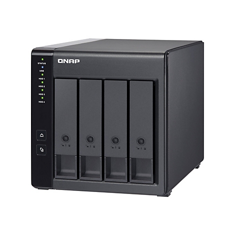 Appareil NAS QNAP noir avec quatre baies pour disques durs. Des voyants d'Ã©tat et des boutons sont situÃ©s sur le cÃ´tÃ© gauche.