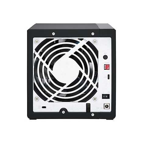 ArriÃ¨re d'un disque dur NAS noir avec ventilateur, ports et interrupteurs.