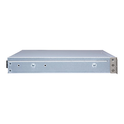 Un appareil Ã©lectronique gris et rectangulaire, dont le cÃ´tÃ© est visible. Il a une surface mÃ©tallique lisse avec des vis et un petit bouton noir.
