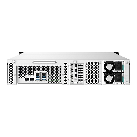 Vue arriÃ¨re d'un serveur blanc avec ventilateurs, ports et fentes d'aÃ©ration.