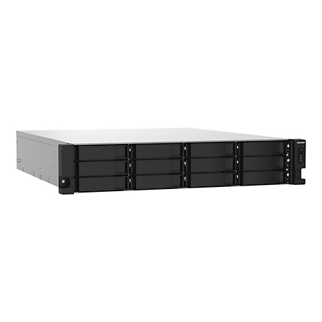 Un rack de serveur gris avec des tiroirs noirs et un panneau de commande. Sur fond blanc.