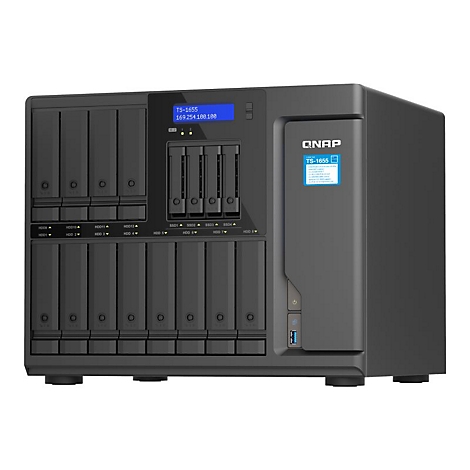 Un système NAS QNAP TS-1655 noir avec plusieurs baies de disques durs et un écran.