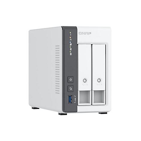 Appareil NAS QNAP blanc avec deux baies. Bande noire avec port USB et indicateurs LED.