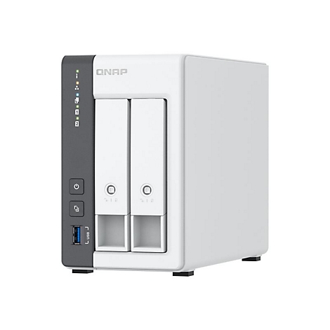 Système NAS QNAP blanc avec deux baies pour disques durs, port USB et indicateurs LED.