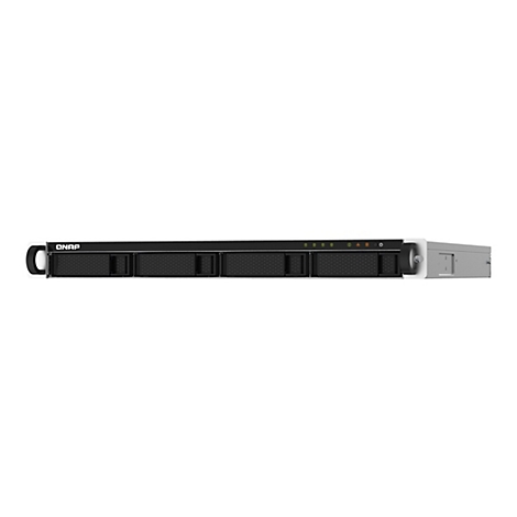 Schwarzes QNAP-NAS-GerÃ¤t mit 4 EinschÃ¼ben und grauen Seiten. Oben befinden sich LEDs. Der Griff ist links.