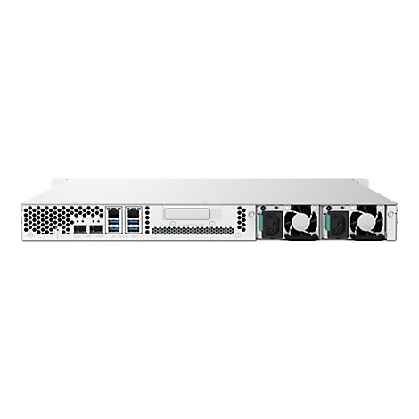 RÃ¼ckseite eines weiÃŸen Servers. Er hat LÃ¼fter und verschiedene AnschlÃ¼sse. In der Mitte ein rechteckiger Bereich.