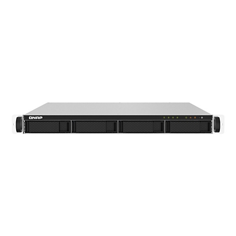 Ein grauer Server mit schwarzen Frontplatten und dem Logo QNAP.