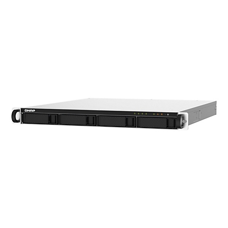 Appareil NAS QNAP avec quatre baies de lecteur. Design noir et gris avec logo et indicateurs LED.