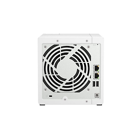 Ein weißes NAS-System von hinten, mit Lüftergitter, Anschlüssen und Reset-Knopf.