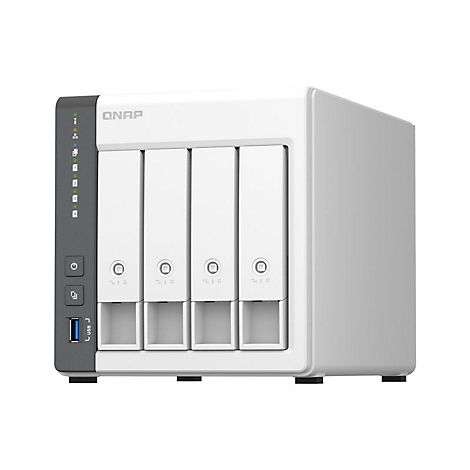 Ein weißer QNAP NAS-Server mit vier Einschüben. Auf der linken Seite befinden sich eine Reihe von LEDs und eine USB-Buchse.