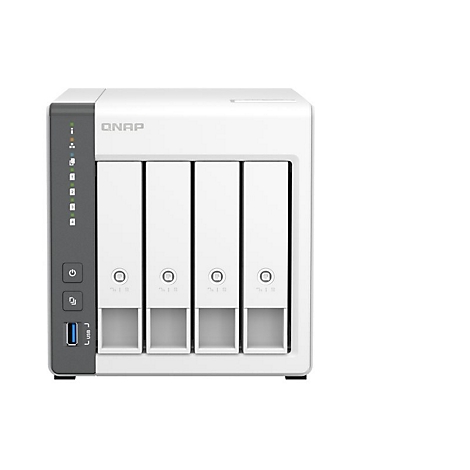NAS-Server in Weiß. Auf der linken Seite befinden sich eine Reihe von LEDs und Anschlüssen.
