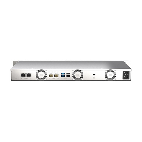 Silbernes Server-Gehäuse mit Anschlüssen für 2,5GbE, SFP+, USB, Lüfter und Stromanschluss auf weißem Hintergrund.