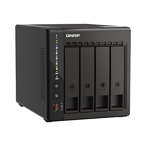 Schwarzes QNAP NAS-System mit vier Einschüben für Festplatten und Anzeigeleuchten.